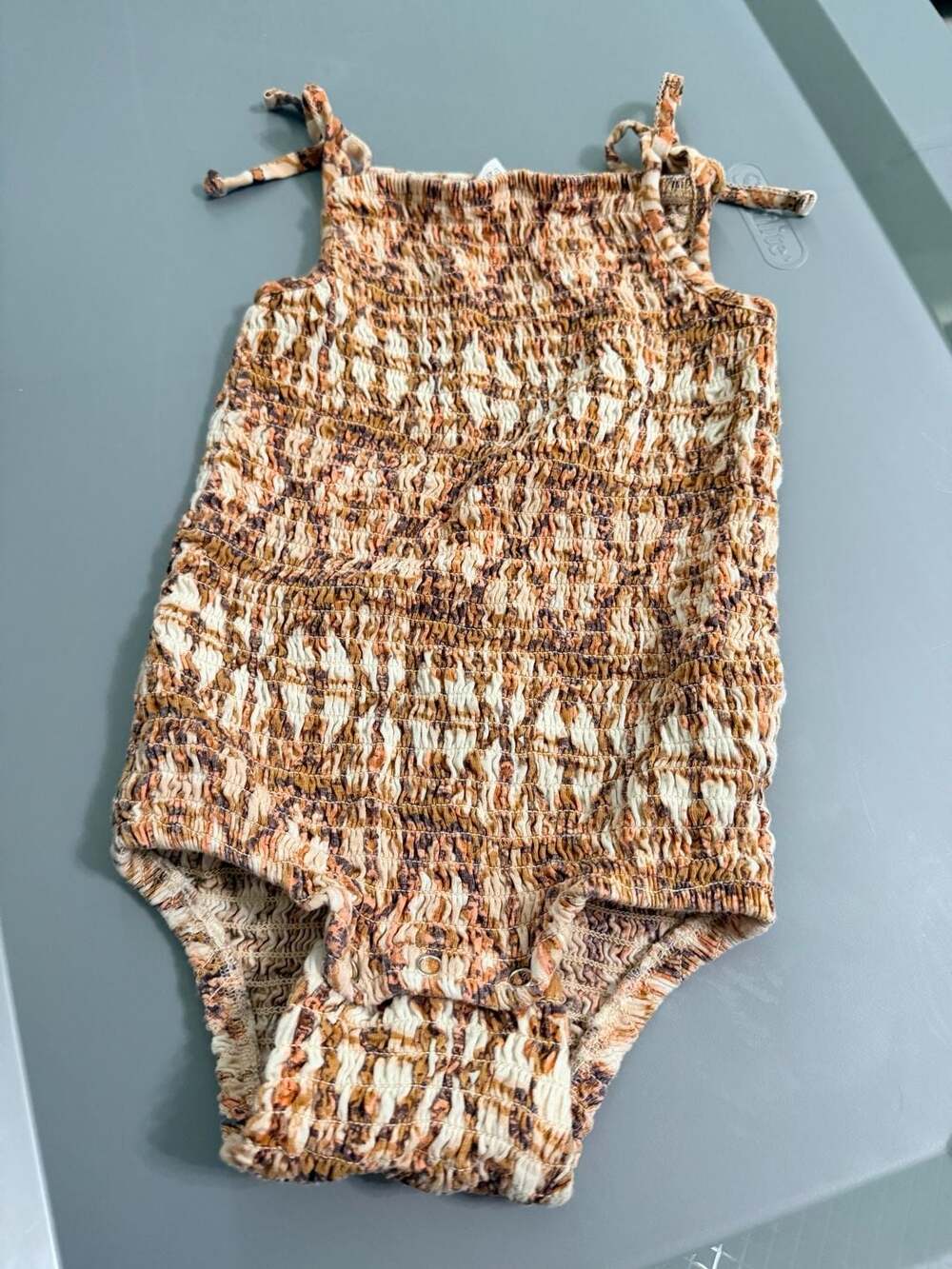 Kate Quinn Smocked Bubble Romper Size 12-18 M Brown Print